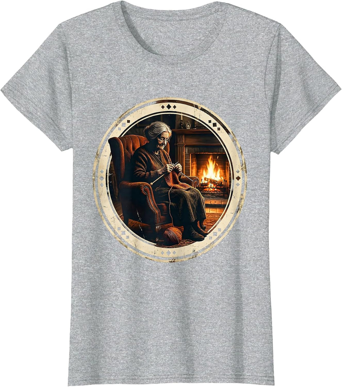 Grandma Knitting by the Fireplace Graphic T-Shirt - Heather Grey