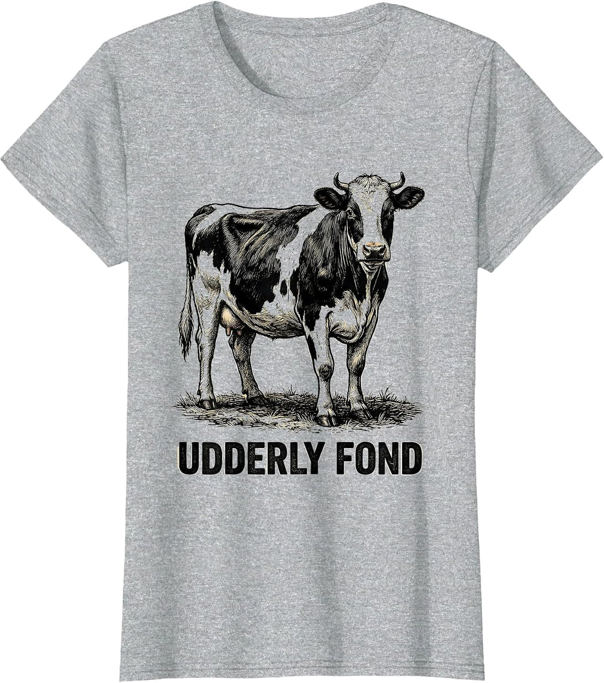 Udderly Fond Funny Farm Animal Cow Lover Pun Humor T-Shirt - Heather Grey