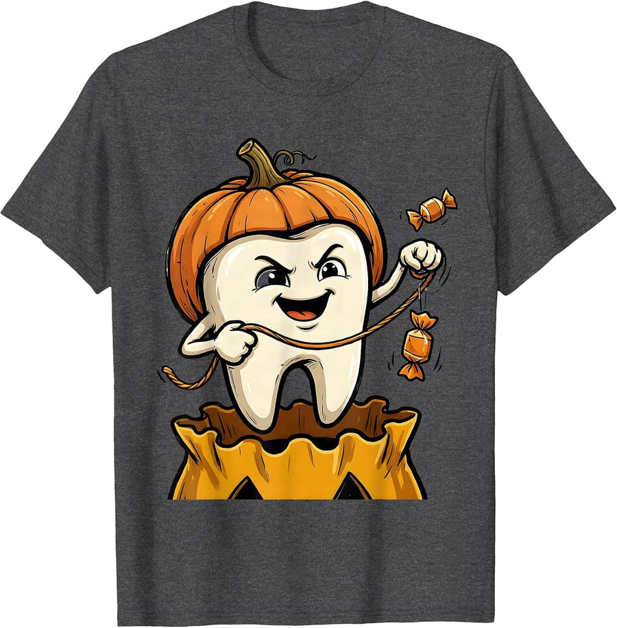 Men's Smiling Tooth Halloween Dentist Dental Humor Costume T-Shirt - Dark Heather Grey