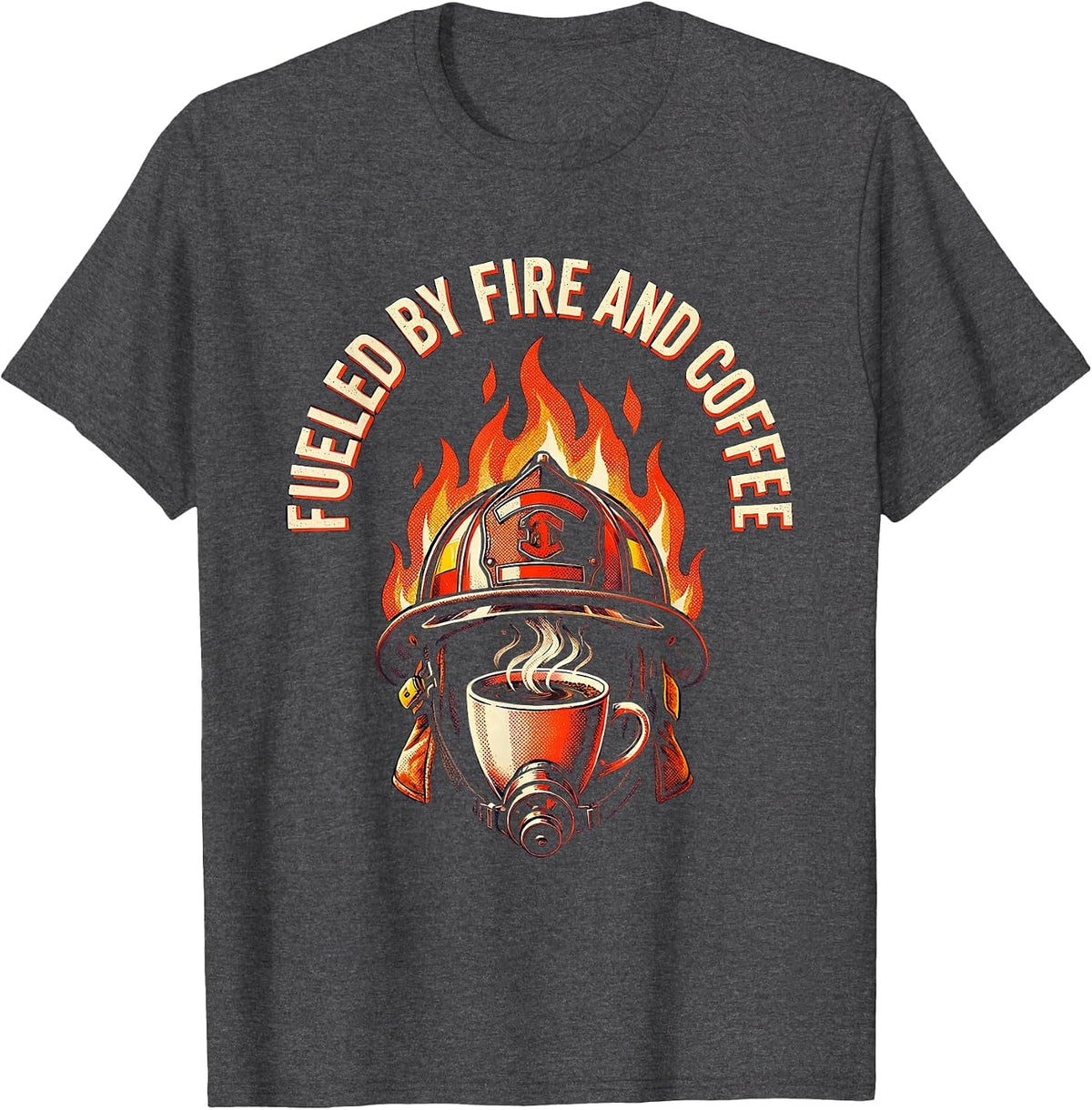 Fueled by Fire and Coffee Firefighter Design T-Shirt - Dark Heather Grey