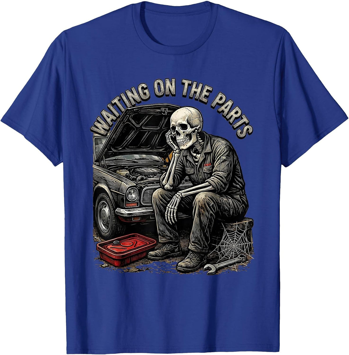 Men's Waiting On The Parts Funny Mechanic Skeleton Auto Repair T-Shirt - Royal Blue