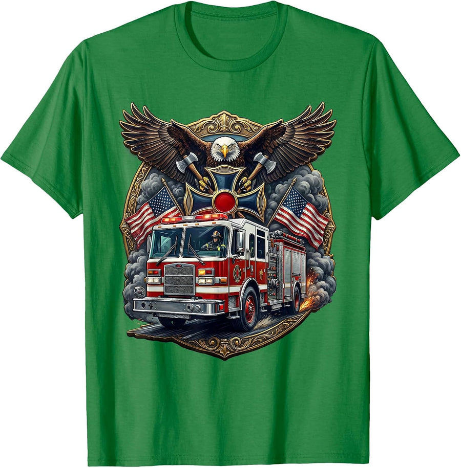 Men's Fire Truck Speeding Through Smoky Street Graphic T-Shirt - Kelly Green