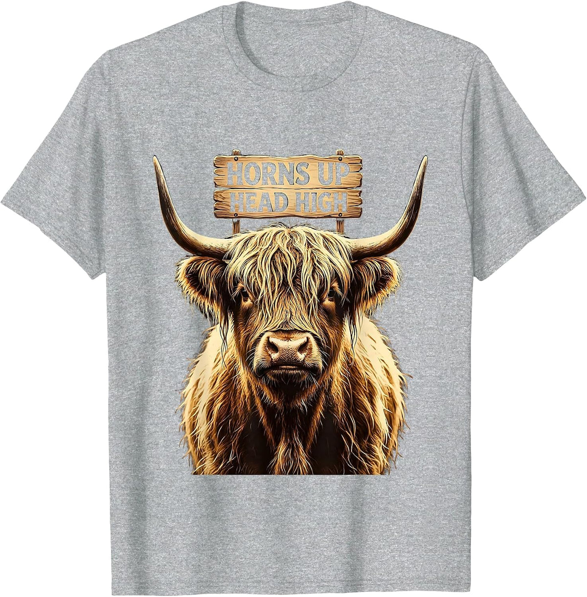 Men's Horns Up Head High Highland Cow Design T-Shirt - Heather Grey