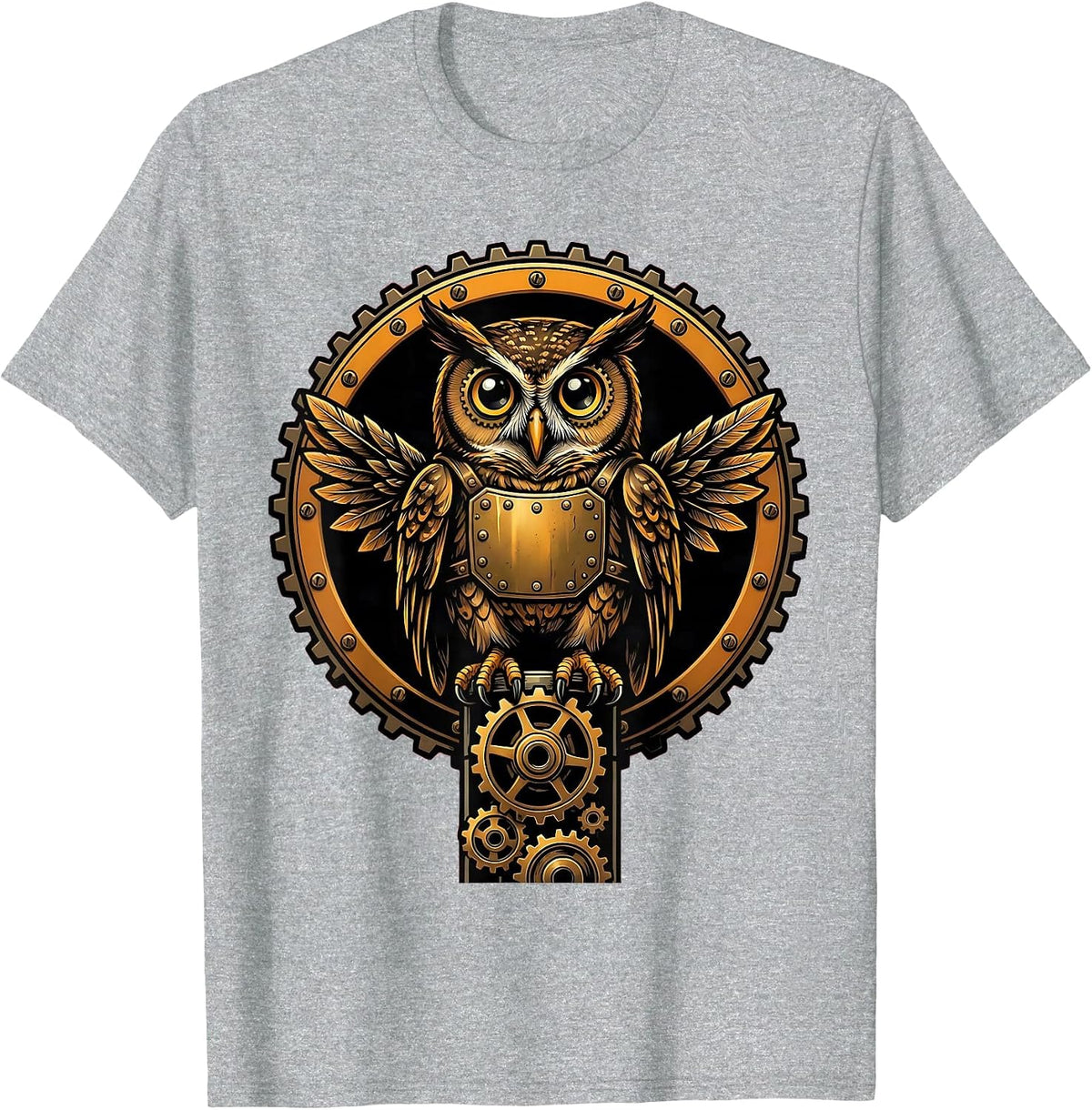 Men's Steampunk Mechanical Owl on Gear Stack Design T-Shirt - Heather Grey