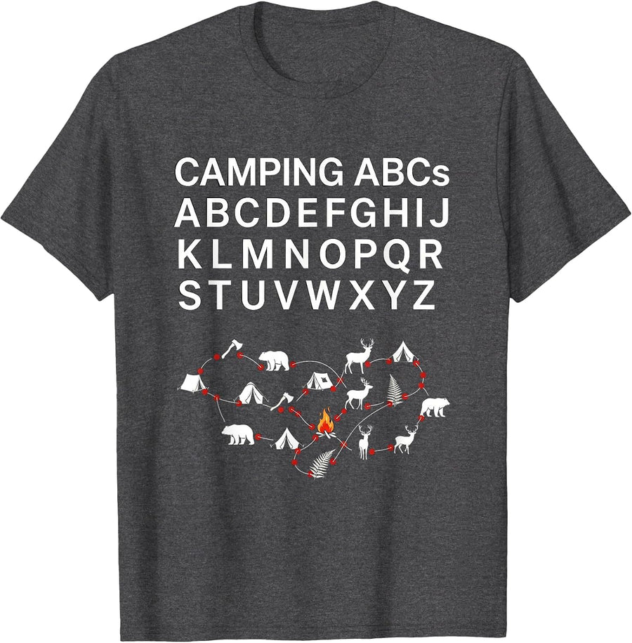 Men's Camping ABCs Learning Letters Preschool Teacher T-Shirt - Dark Heather Grey