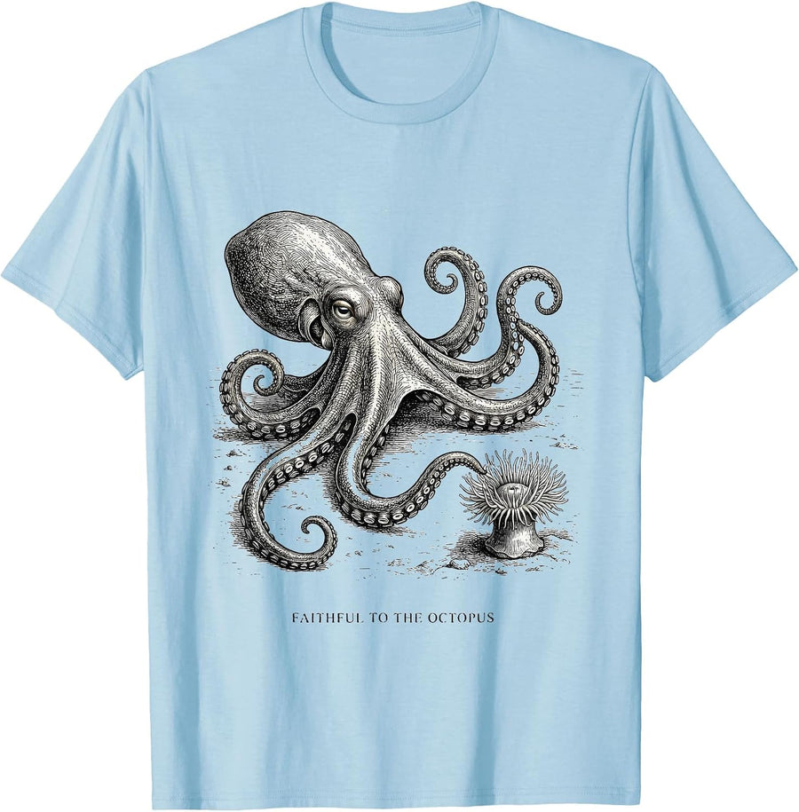 Men's Faithful to the Octopus Monochromatic Octopus Lover Japanese T-Shirt - Baby Blue