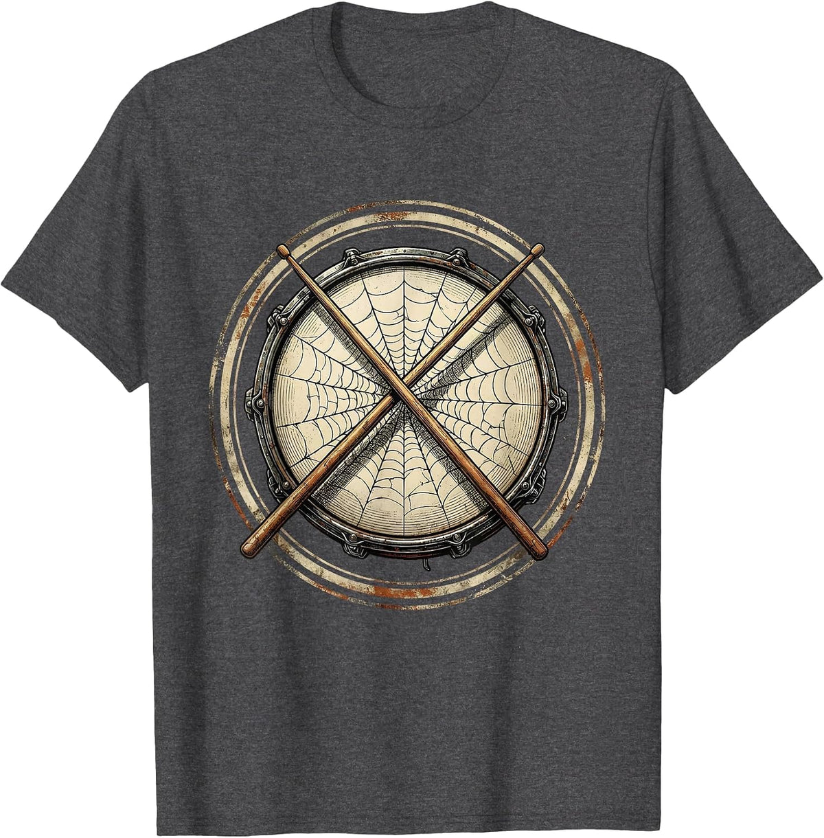 Men's Crossed Drumsticks Cracked Snare Drum Rock Graphic T-Shirt - Dark Heather Grey
