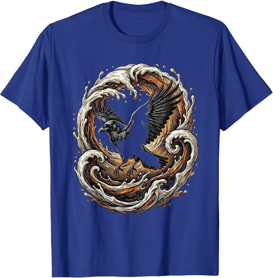 Cawf Crow Silhouette Coffee Cup Splash Art T-Shirt - Royal Blue