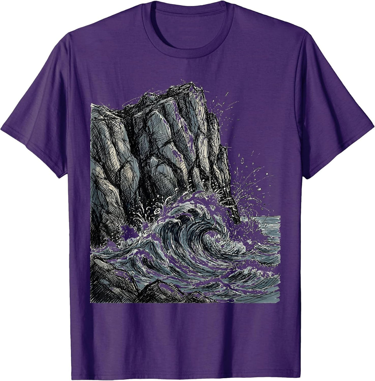 It Is What It Is Wave Crashing Rock Cliff Graphic T-Shirt - Purple