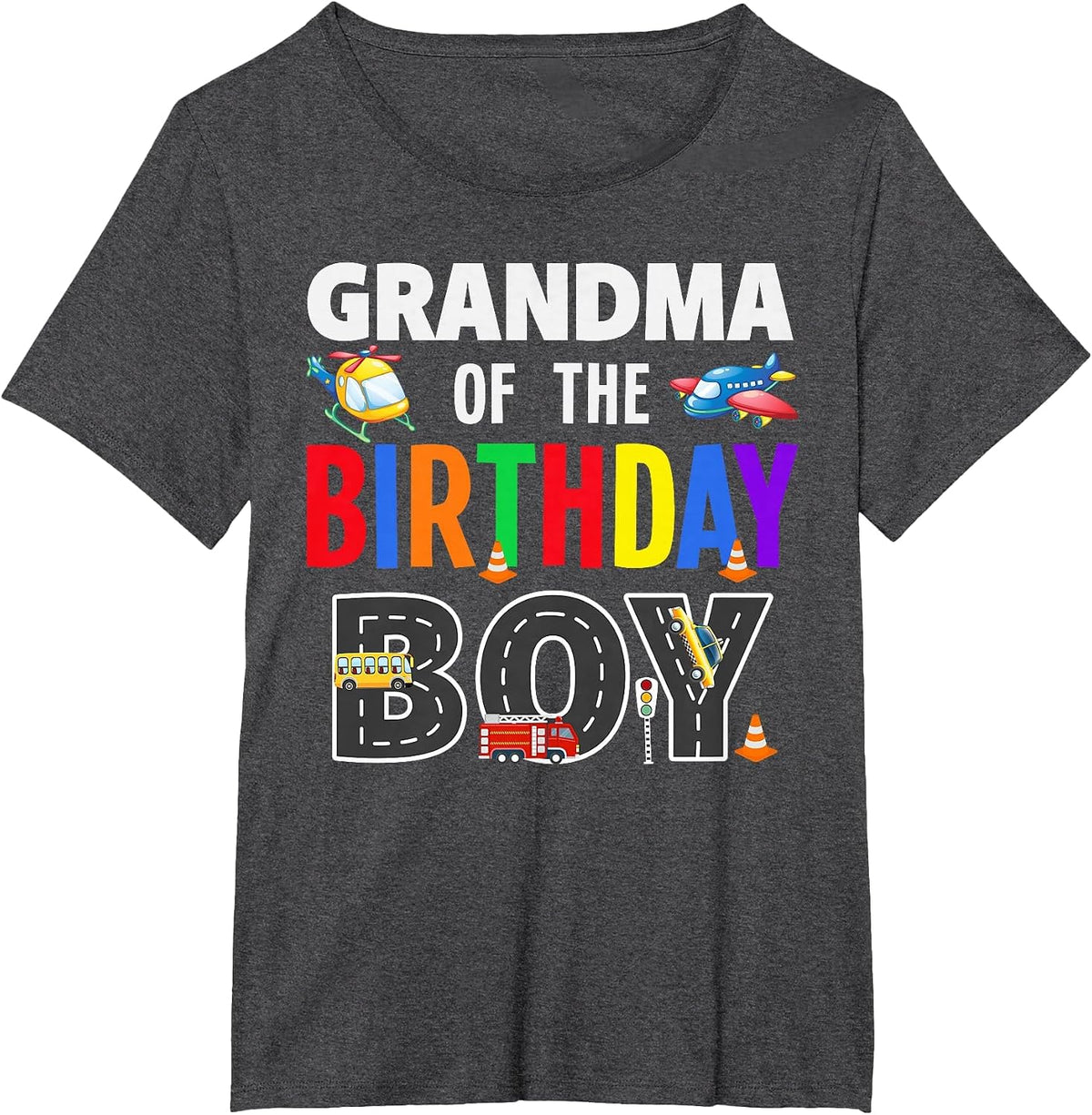 Grandma of The Birthday Boy Transportation Family Matching T-Shirt - Dark Heather Grey