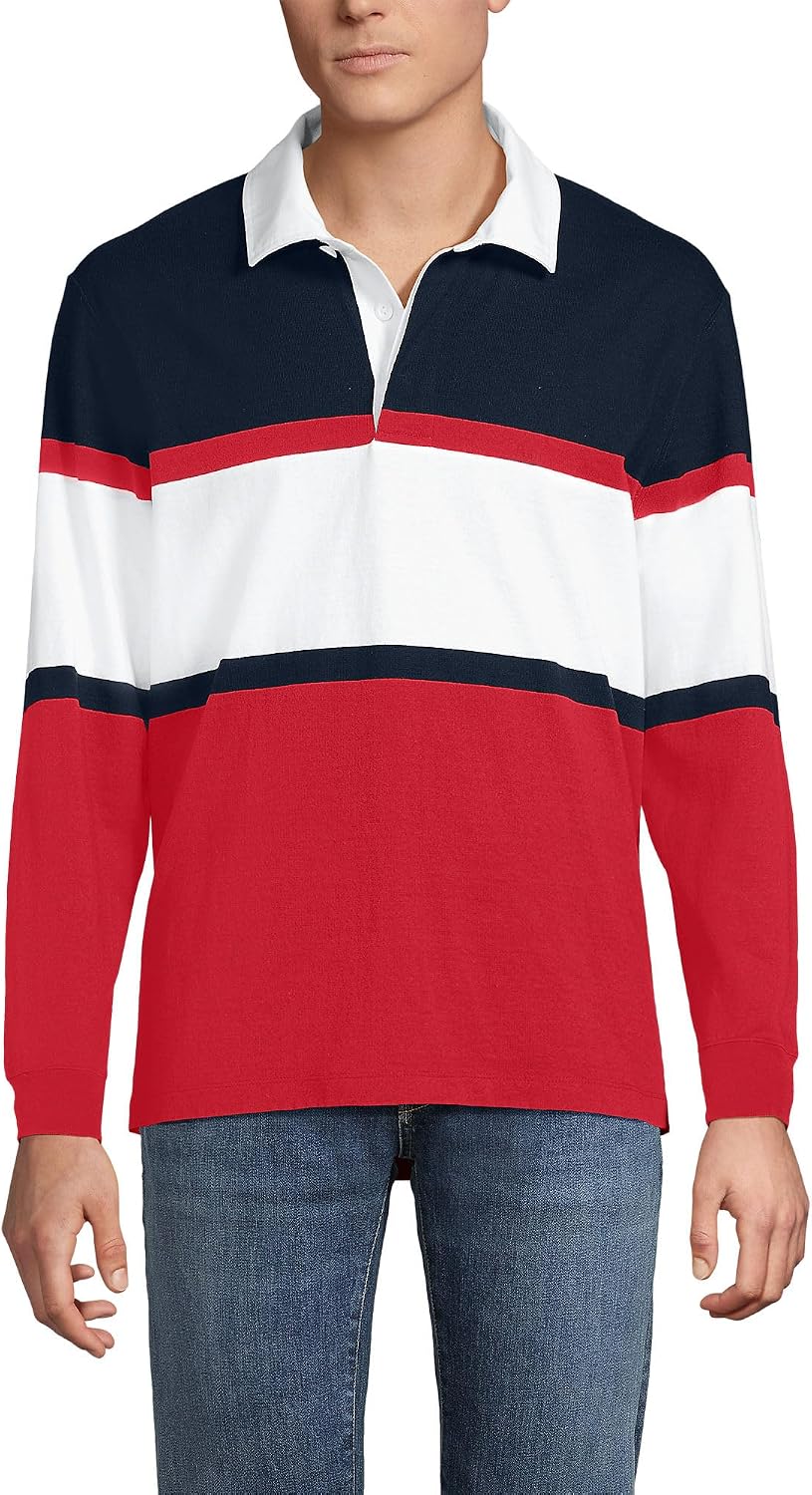 Lands' End Men's Long Sleeve Rugby - Red\/White\/Navy Stripe
