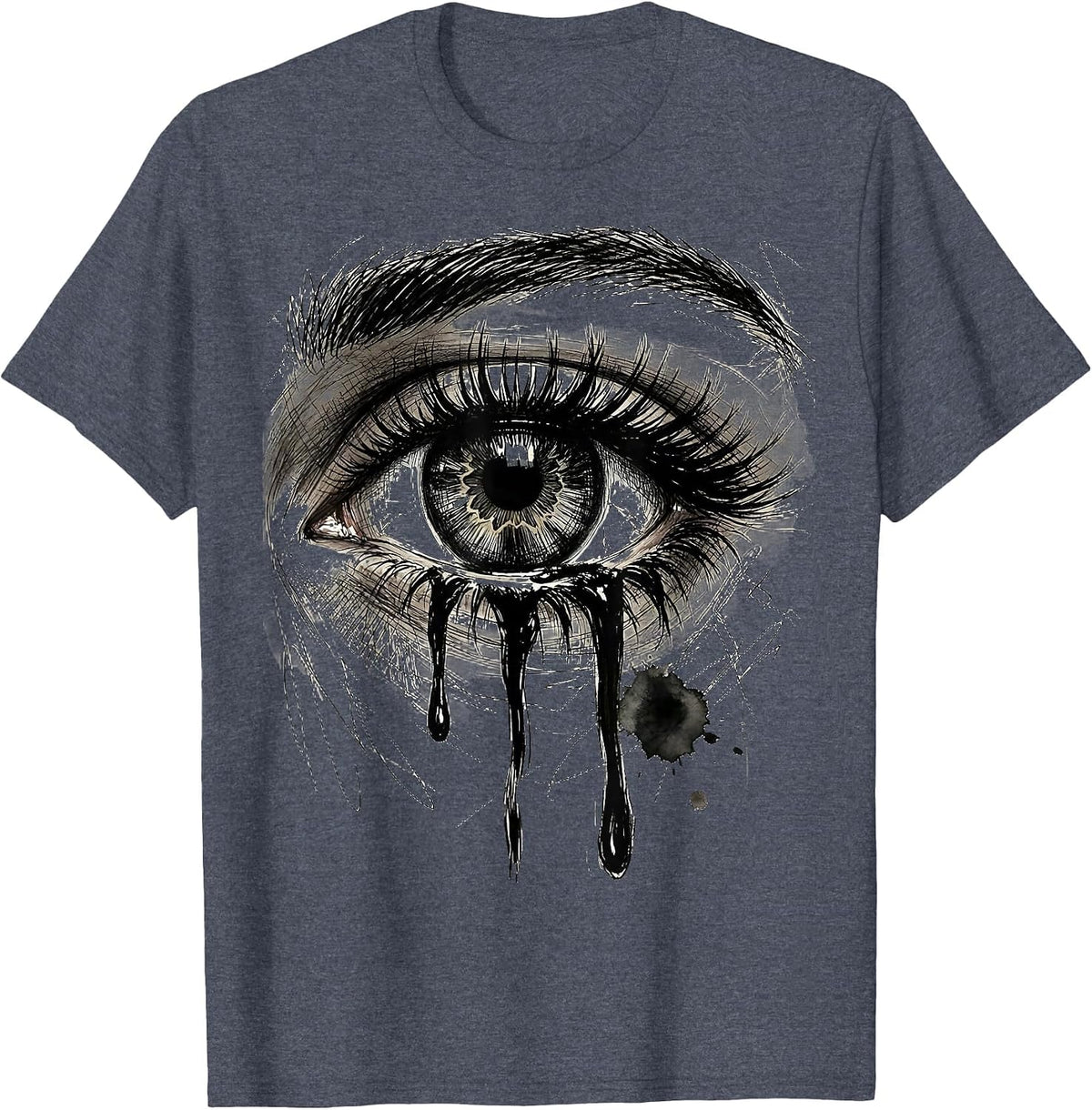 Crying Eye Dripping Mascara Emo Graphic Tee T-Shirt - Heather Blue