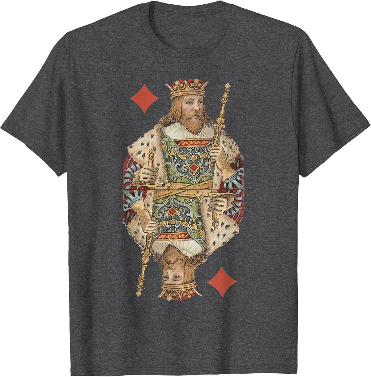 King of Diamonds Antique Art Nouveau Playing Card Art T-Shirt, Men, Dark Heather Grey, XX-Large - As Pictured