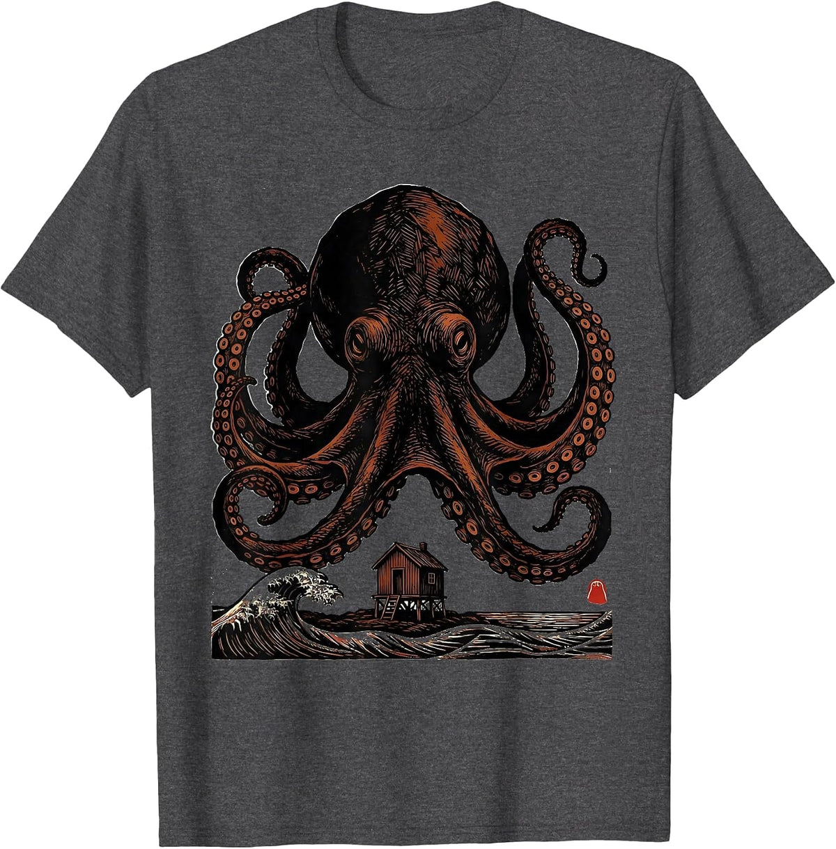 Men's Domed Octopus Linocut Ocean Animal Lover Art T-Shirt - Dark Heather Grey
