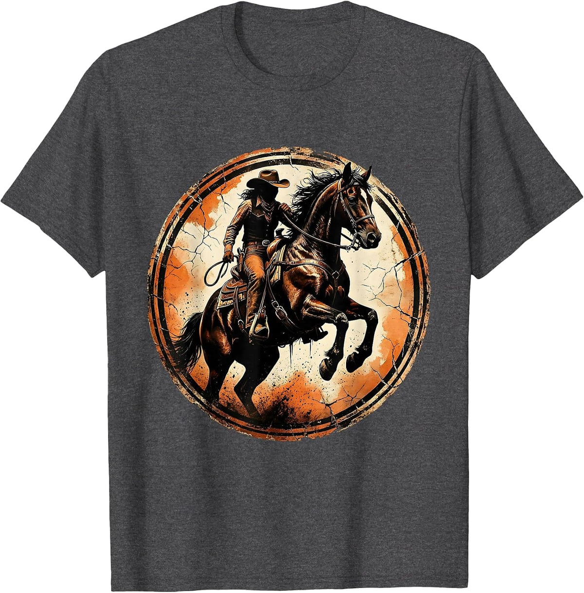 Cowgirl Taming Rearing Horse Arena Graphic T-Shirt - Dark Heather Grey