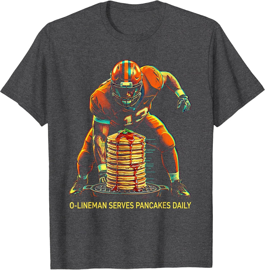 Men's O-Lineman Serves Pancakes Daily Funny Football Lineman T-Shirt - Dark Heather Grey