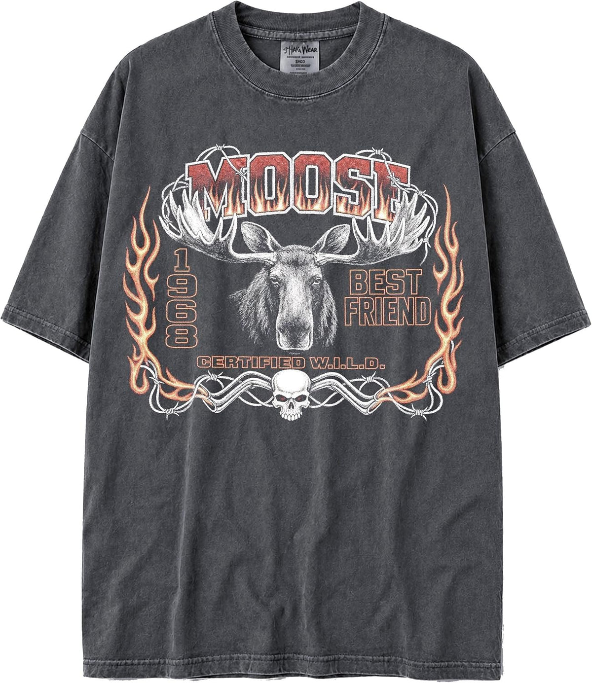U.S.A. MAX-Heavyweight Shaka Wear Oversized 7.5oz Cotton Faded Tshirt Biker Graphic with Flames and Barbed Wire - Moose