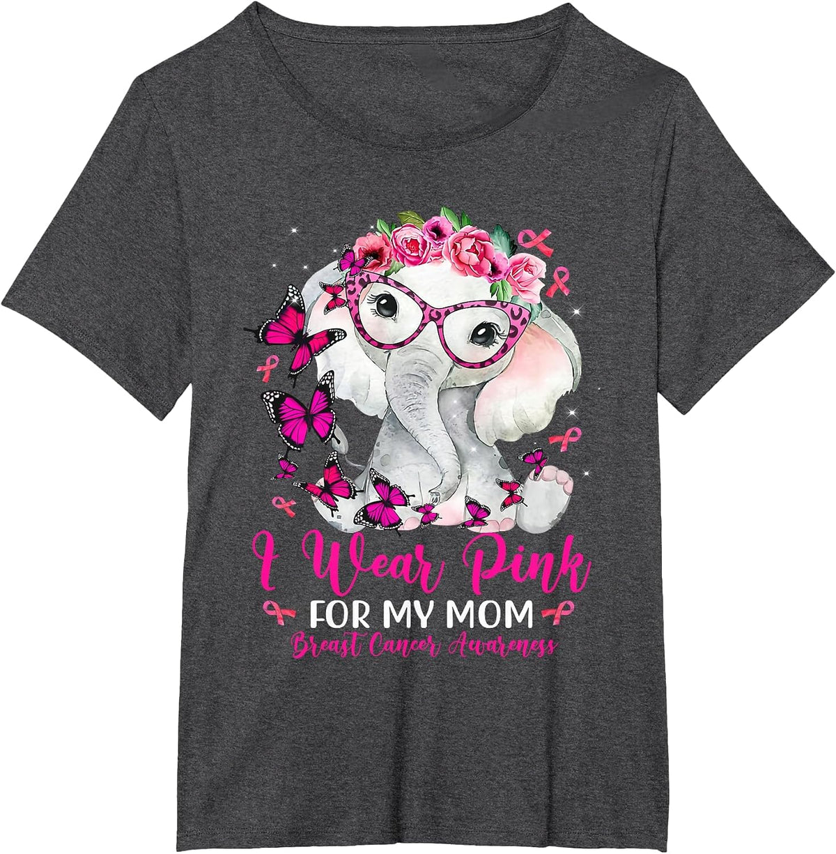 I Wear Pink for My Mom Elephant Breast Cancer Awareness T-Shirt - Dark Heather Grey
