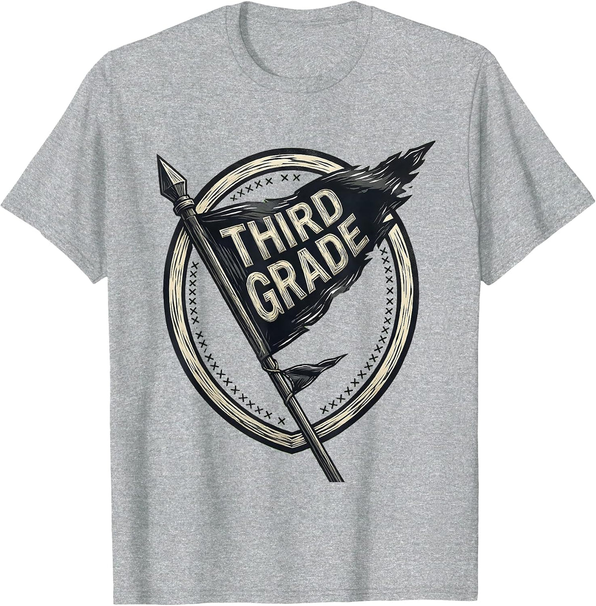 Men's Third Grade Linocut Shield Pennant Back to School Teacher T-Shirt - Heather Grey