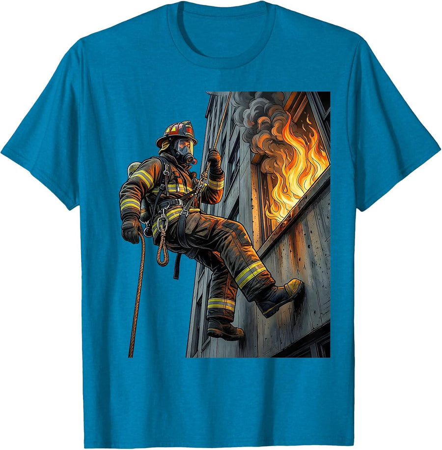 Firefighter Rappelling Down Building Graphic T-Shirt - Sapphire Blue