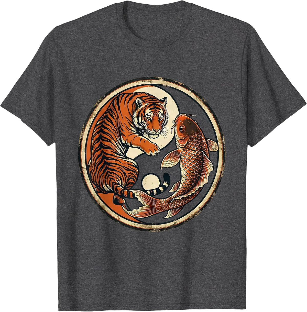 Tiger and Koi Fish Yin-Yang Balance Design T-Shirt - Dark Heather Grey