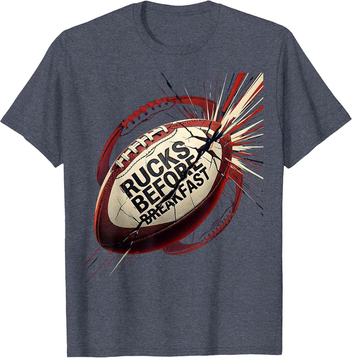 Rucks Before Breakfast Rugby Graphic Design T-Shirt - Heather Blue