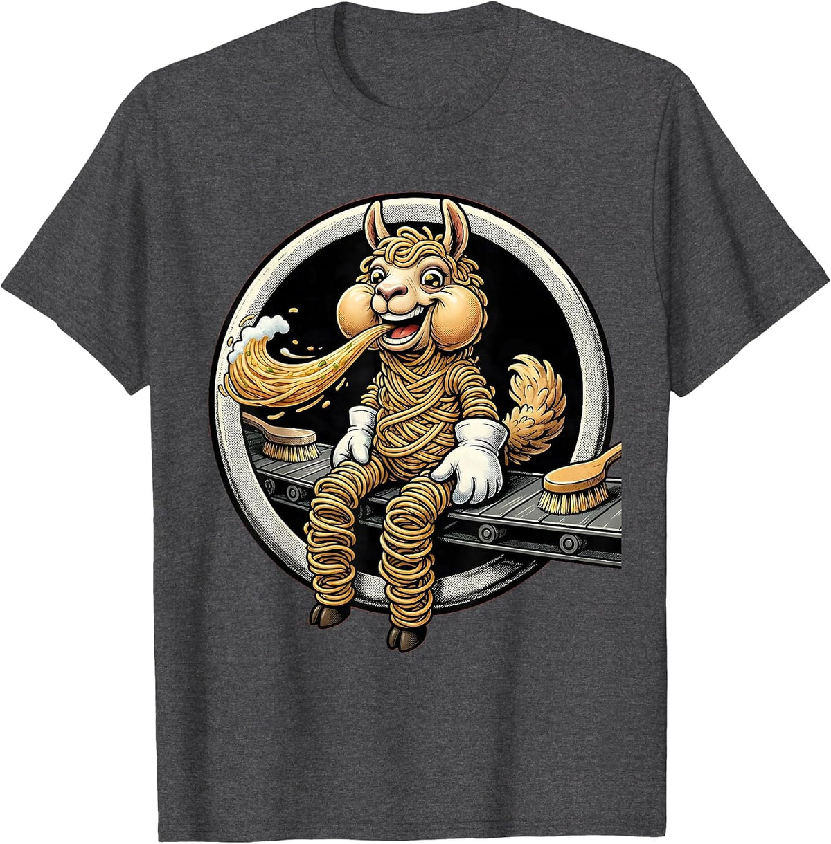 Funny Llama Spitting at Car Wash Conveyor T-Shirt - Dark Heather Grey