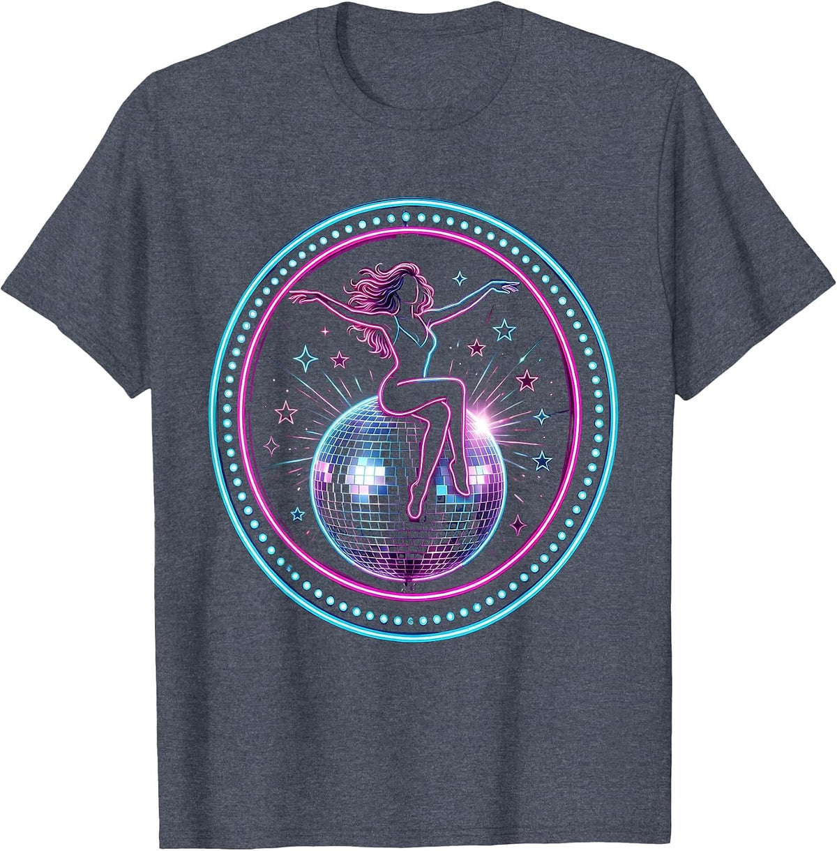 Disco Ball Rider Cosmic Groovy Retro Space Art T-Shirt - Heather Blue