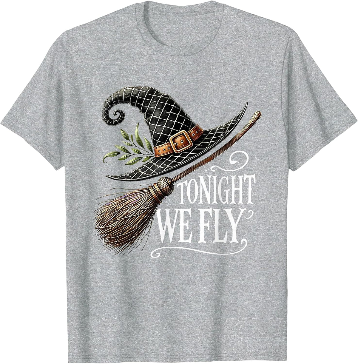 Tonight We Fly Halloween Witch Hat and Broom Salem Witch T-Shirt - Heather Grey