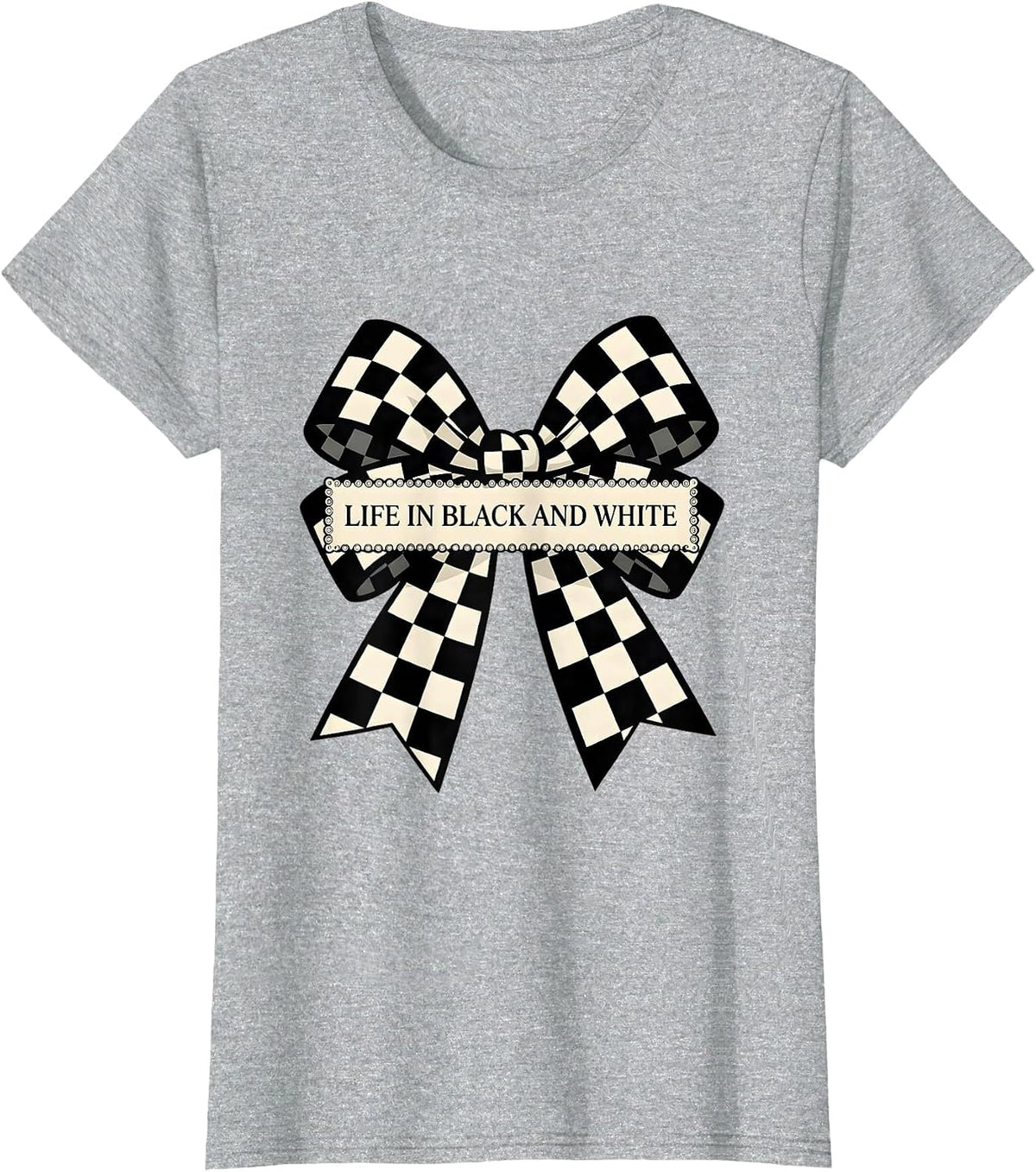 Women's Life in Black and White Checkered Design T-Shirt - Heather Grey