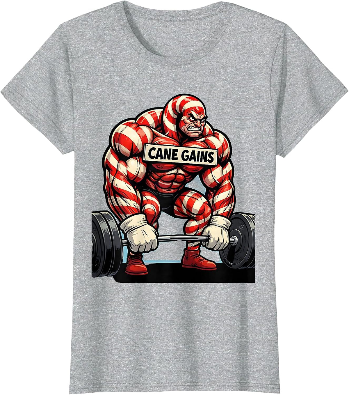 Cane Gains Funny Christmas Gym Bodybuilding Weightlifting T-Shirt - Heather Grey