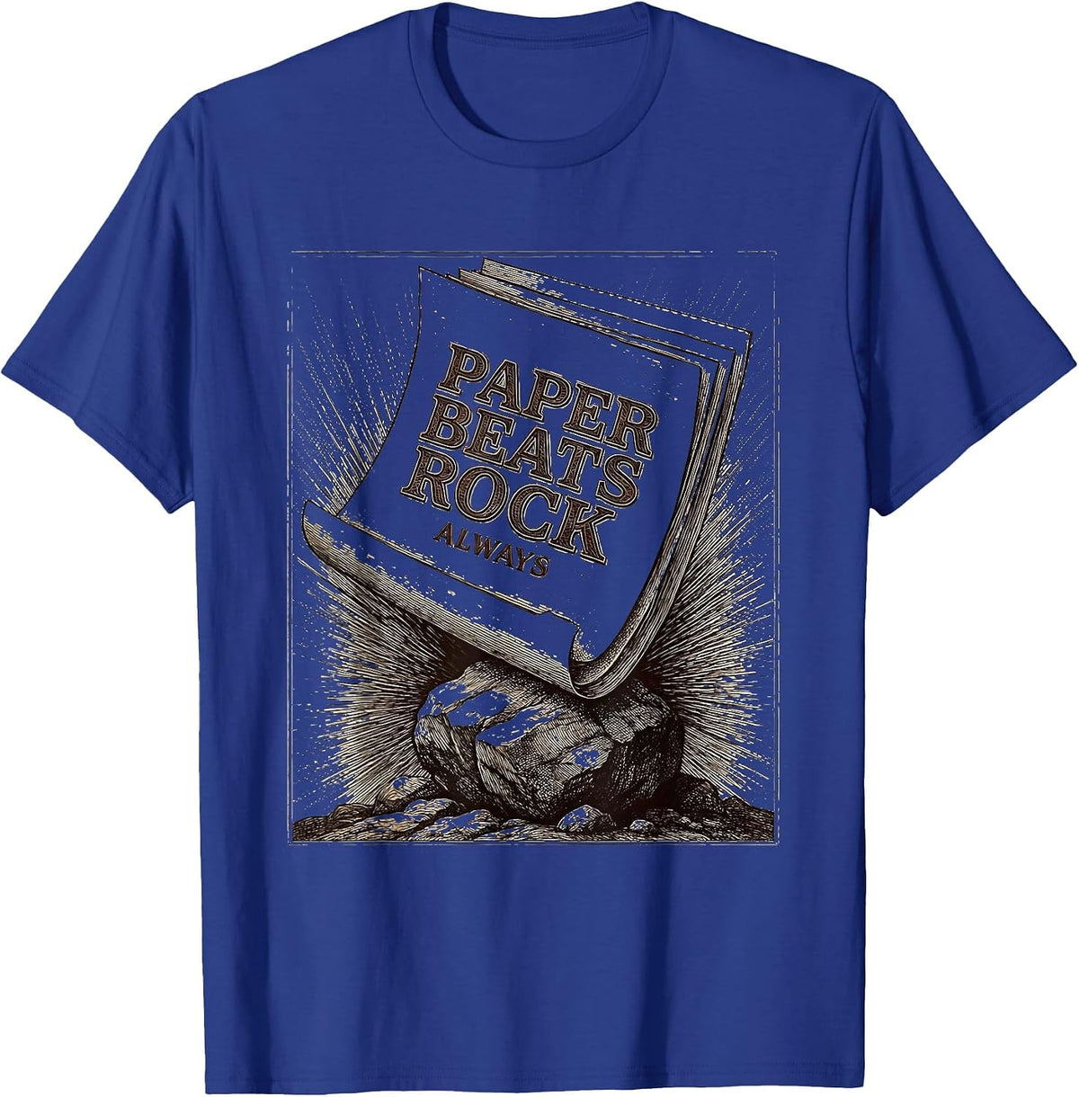 Paper Beats Rock Always Funny Graphic Design T-Shirt - Royal Blue