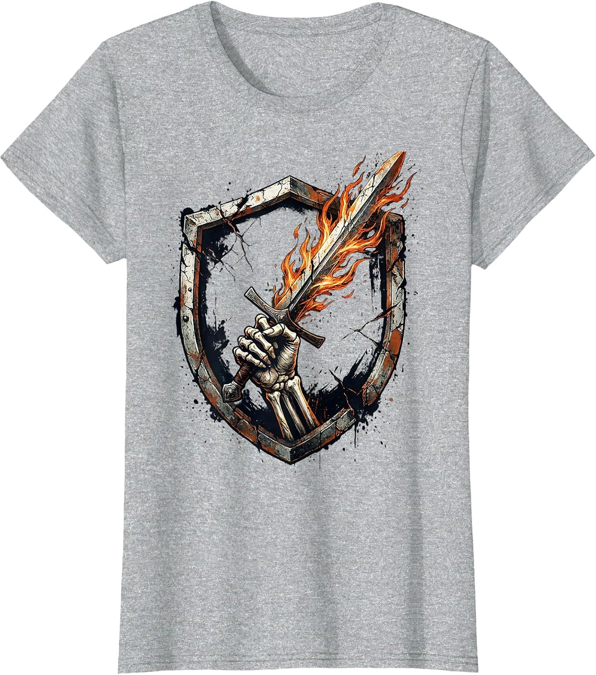 Skeleton Hand Flaming Sword Dark Fantasy Graphic T-Shirt - Heather Grey