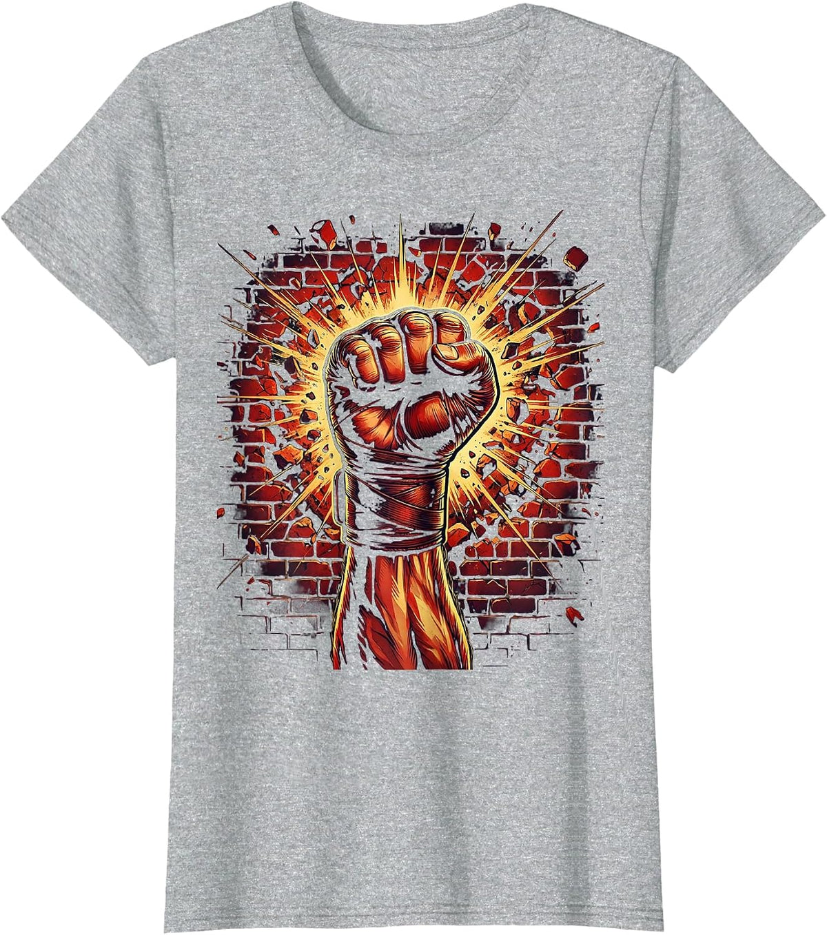 Fist Through Brick Wall Boxing Graphic T-Shirt - Heather Grey