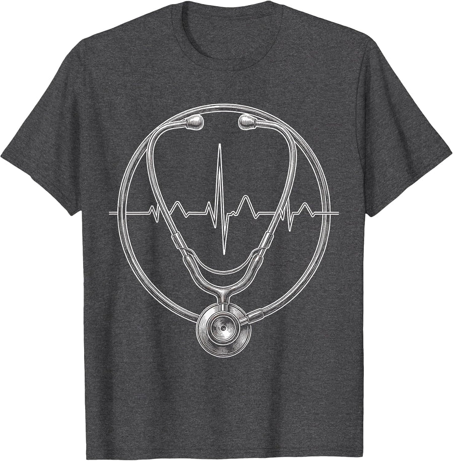Men's EMT Stethoscope Heartbeat Line Graphic T-Shirt - Dark Heather Grey
