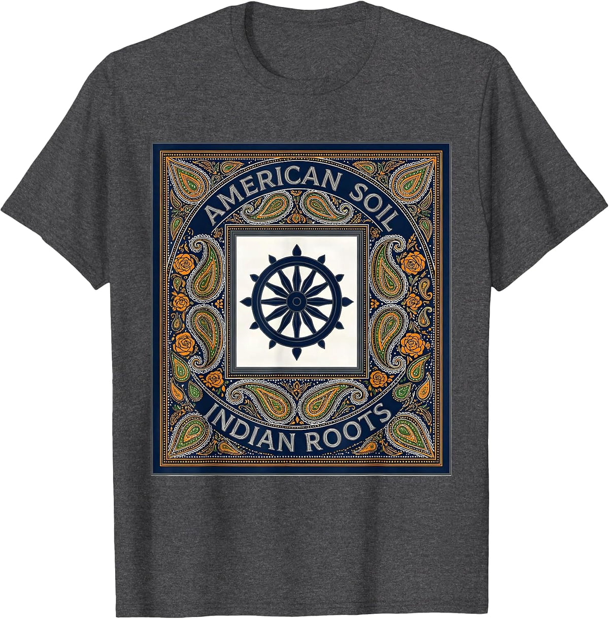 American Soil, Indian Roots Patriotic Independence Day T-Shirt - Dark Heather Grey