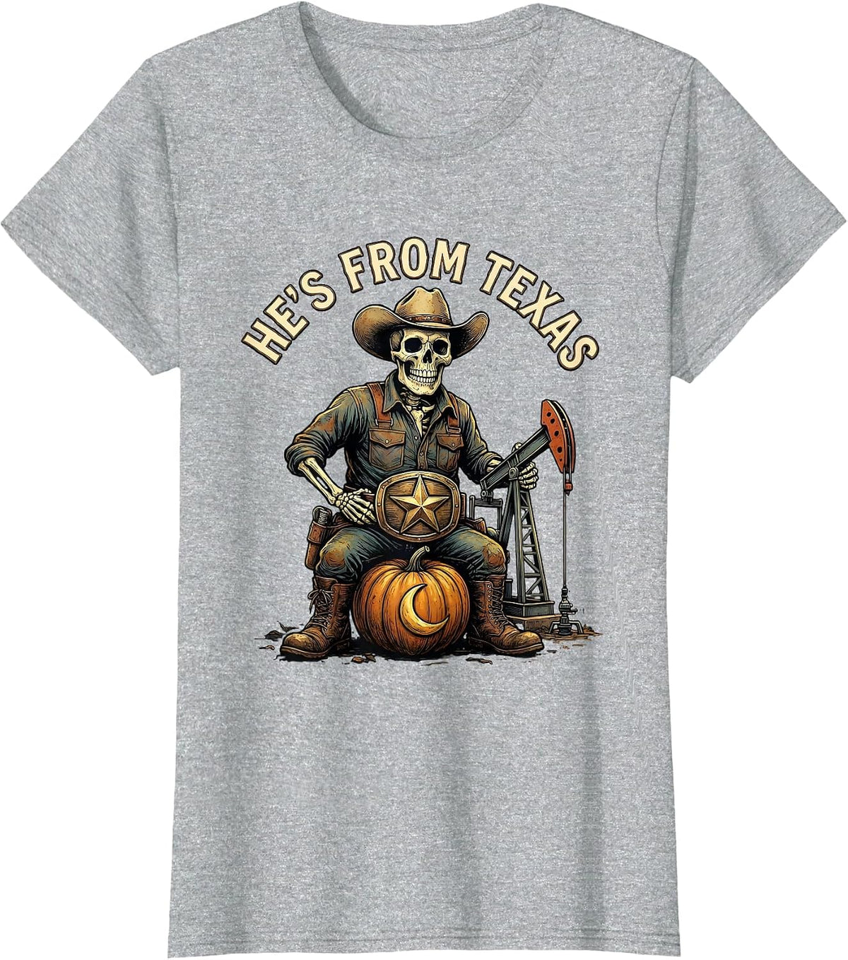 Women's He's From Texas Funny Skeleton Cowboy Halloween Horror T-Shirt - Heather Grey