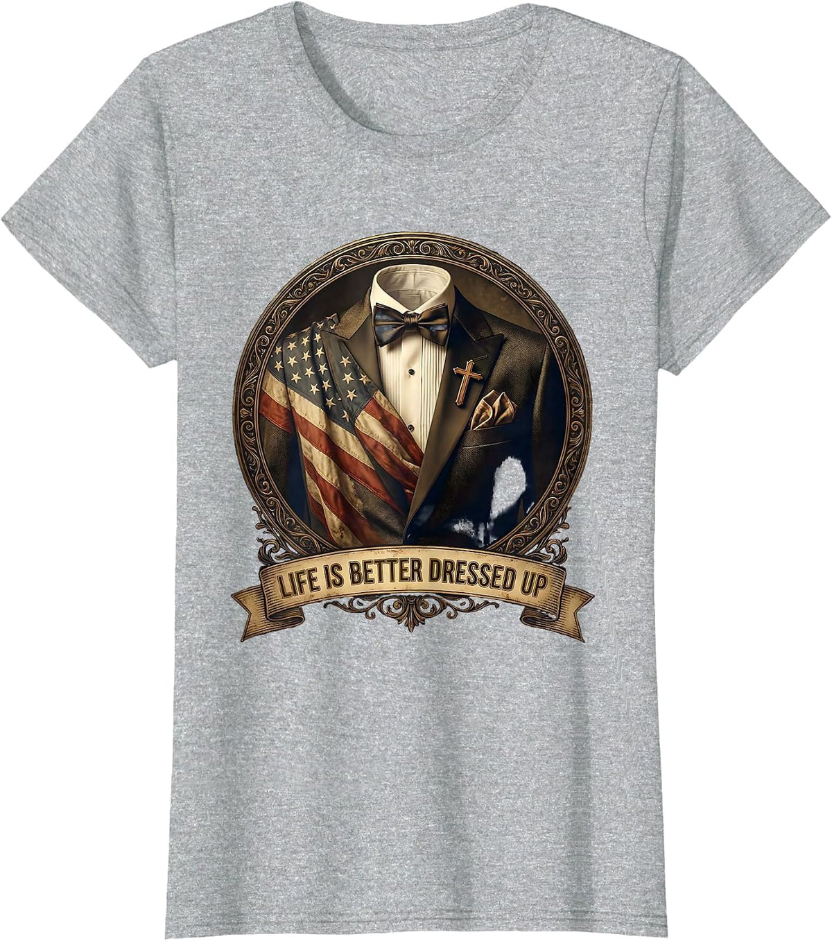 Life Is Better Dressed Up Tuxedo Design T-Shirt - Heather Grey