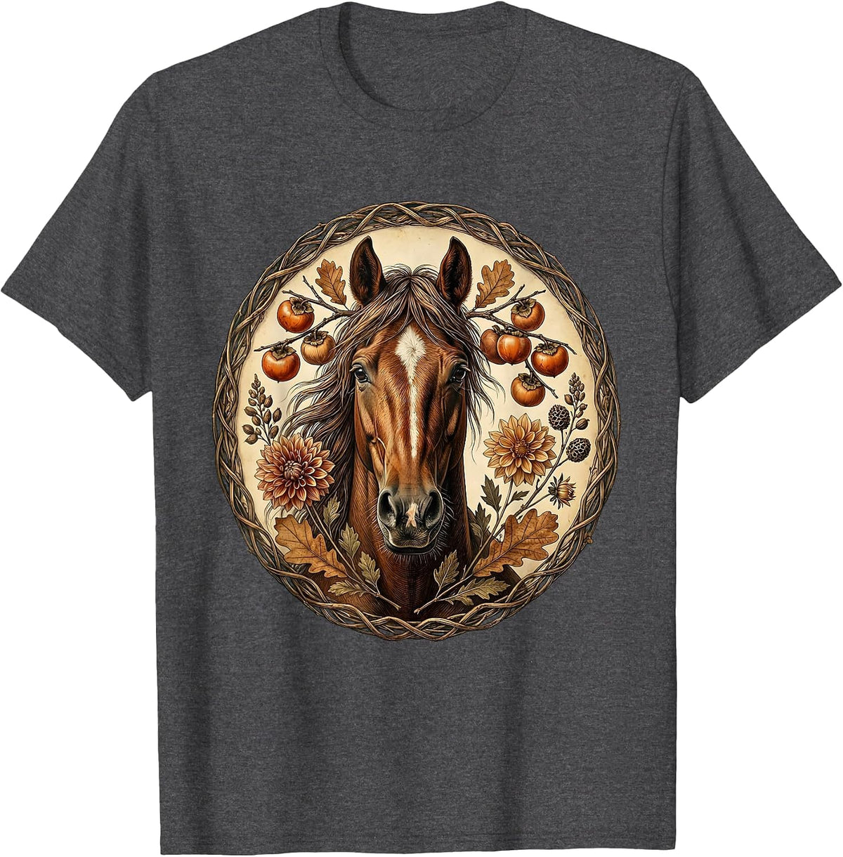 Men's Derby Floral Fall Thoroughbred Horse Wreath T-Shirt - Dark Heather Grey
