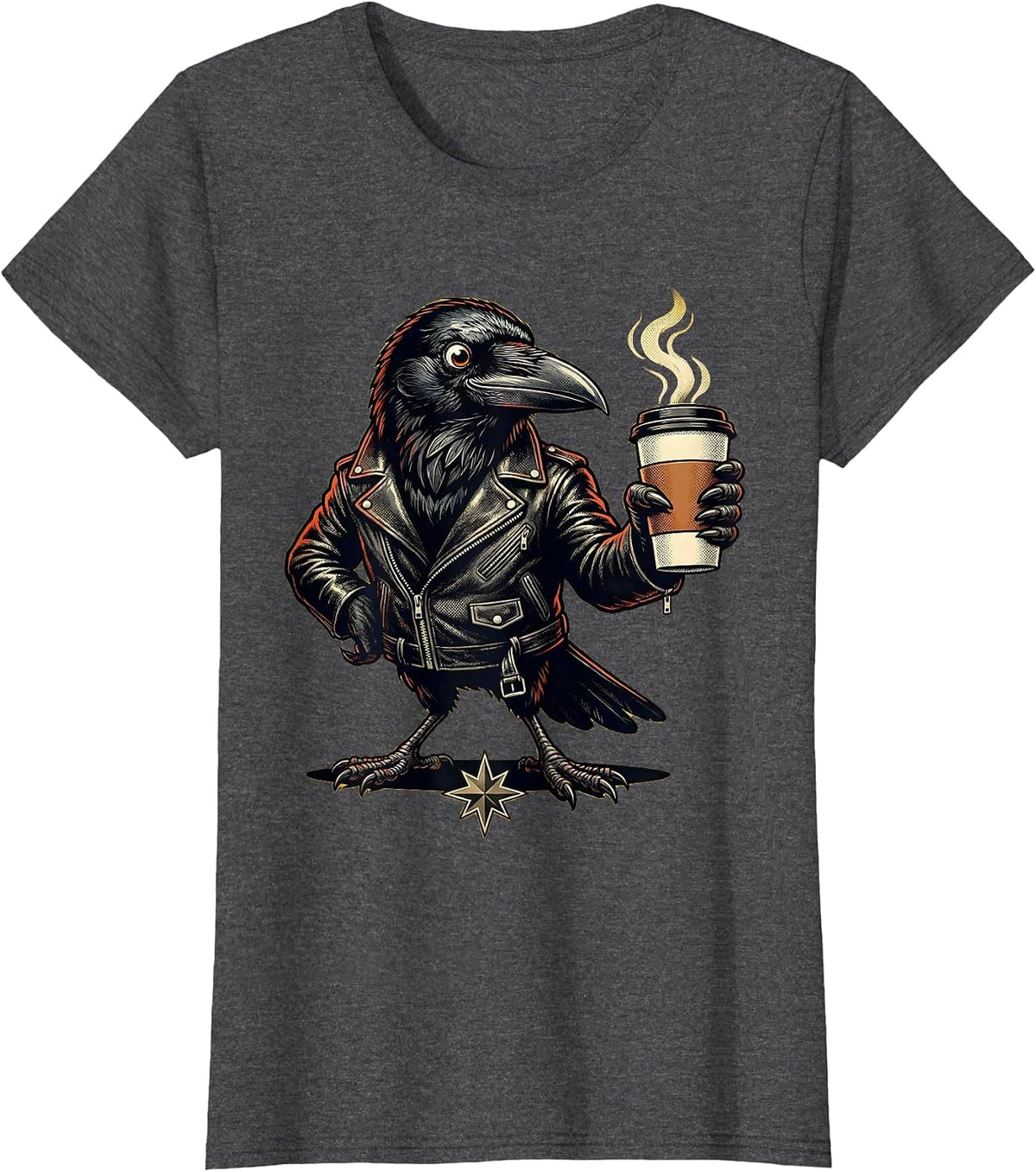 Women's Cool Crow in Leather Jacket Sipping Black Coffee T-Shirt - Dark Heather Grey