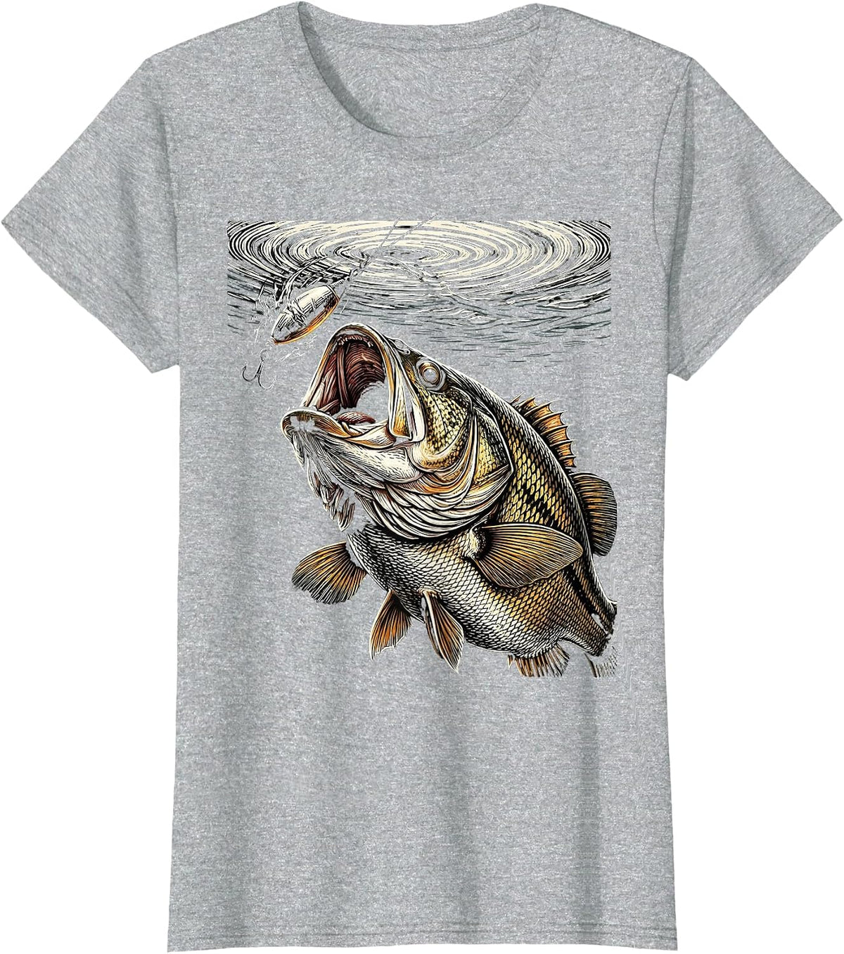Bass Striking Lure Underwater View Fishing Graphic T-Shirt - Heather Grey