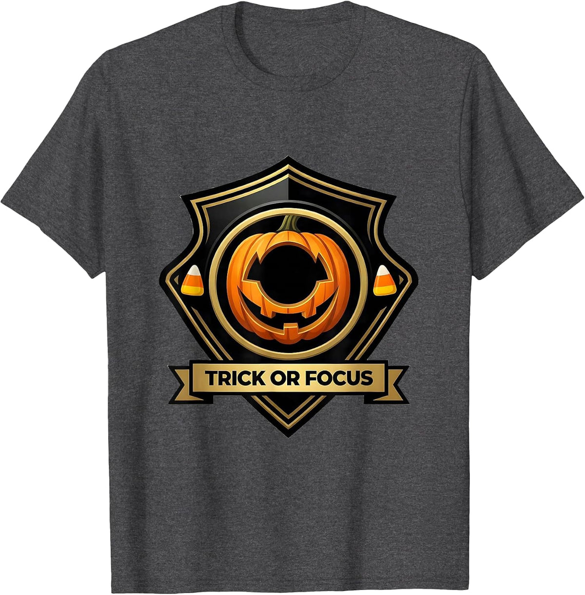 Men's Trick or Focus Emblem Funny Optometrist Halloween Eye Doctor T-Shirt - Dark Heather Grey