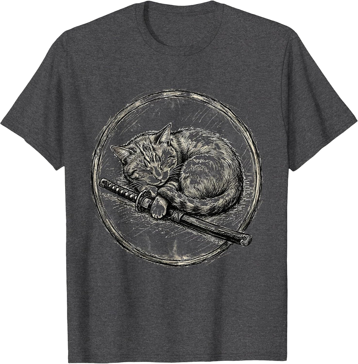 Sleeping Cat with Sword Chill Warrior Graphic T-Shirt - Dark Heather Grey