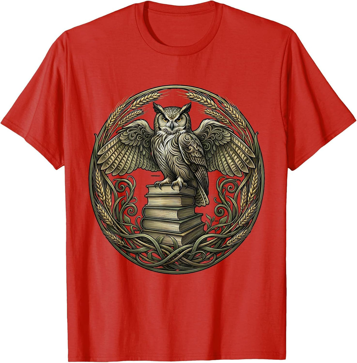 Men's Virgo Owl Perched on Books Astrology Design T-Shirt - Red