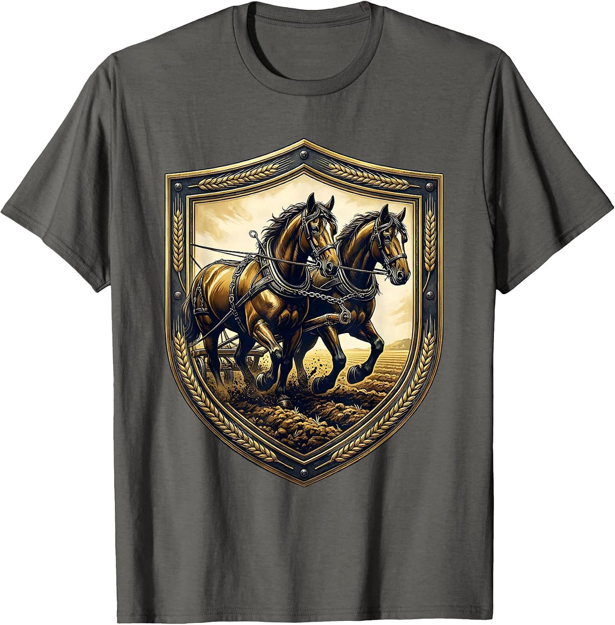 Draft Horses Pulling Plow Graphic Tee T-Shirt - Asphalt Grey