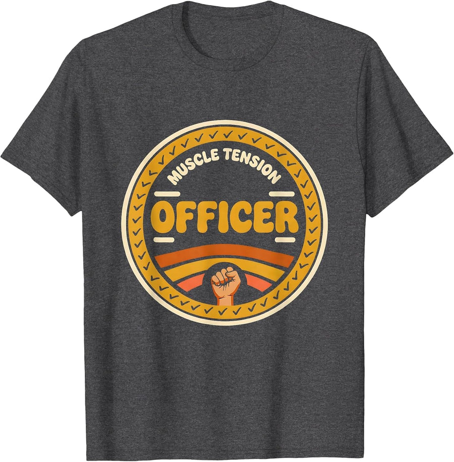 Men's Muscle Tension Officer Retro 70s Massage Therapist Humor T-Shirt - Dark Heather Grey