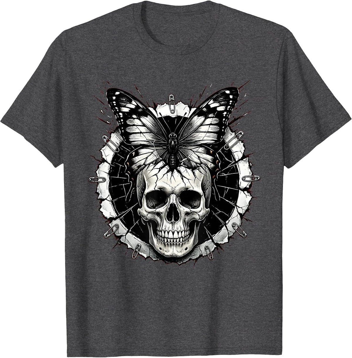 Black Butterfly Cracked Skull Emo Dark Art T-Shirt - Dark Heather Grey