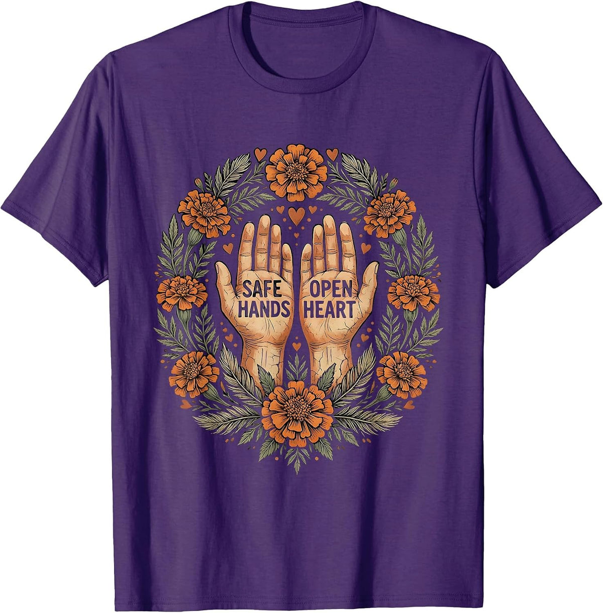 Men's Safe Hands Open Heart Caring Soul Design T-Shirt - Purple