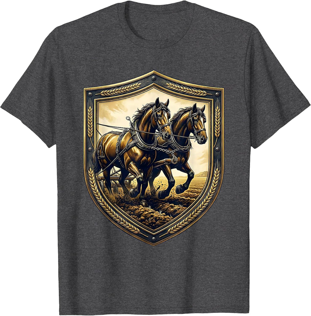 Draft Horses Pulling Plow Graphic Tee T-Shirt - Dark Heather Grey