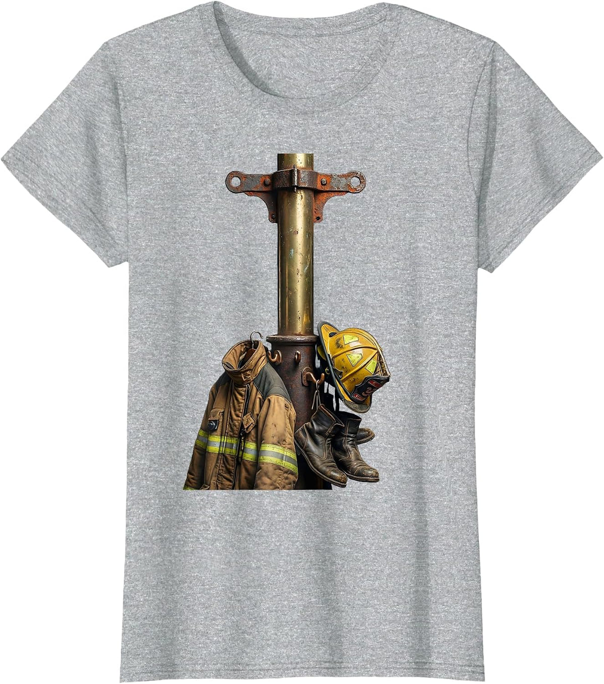 Firehouse Pole with Gear Firefighter Graphic T-Shirt - Heather Grey